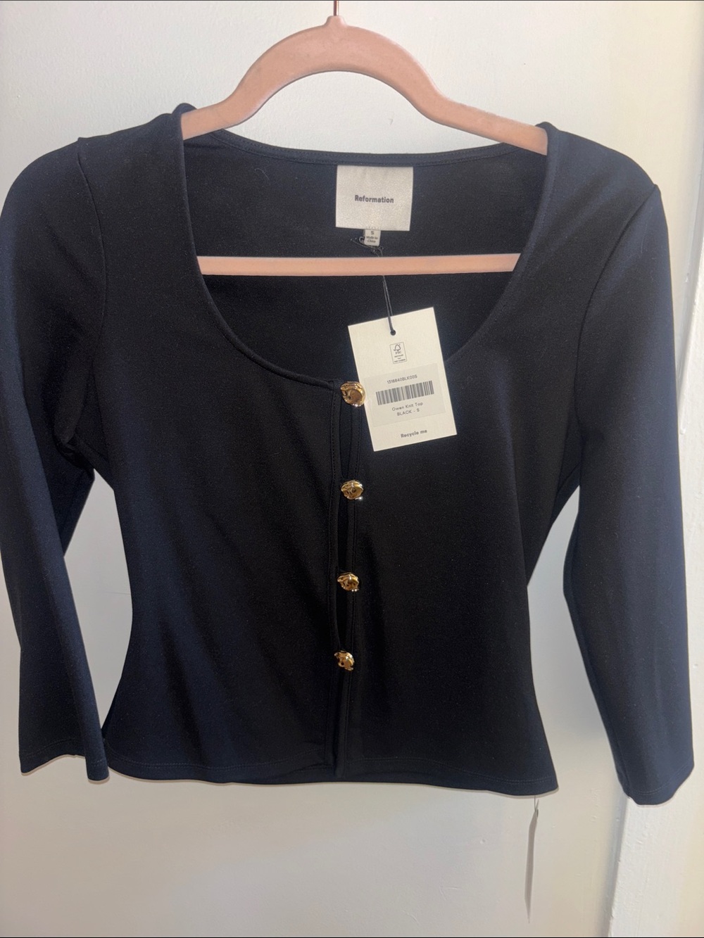 Reformation Black Long-Sleeve Scoop Neck Top with Gold Buttons